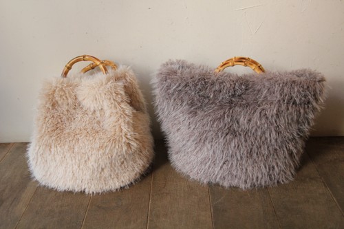 バンブーハンドルフェイクファートートかごバッグ