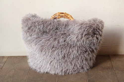 バンブーハンドルフェイクファートートかごバッグ