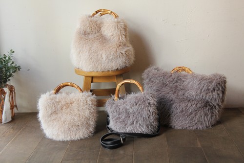 バンブーハンドルフェイクファートートかごバッグ