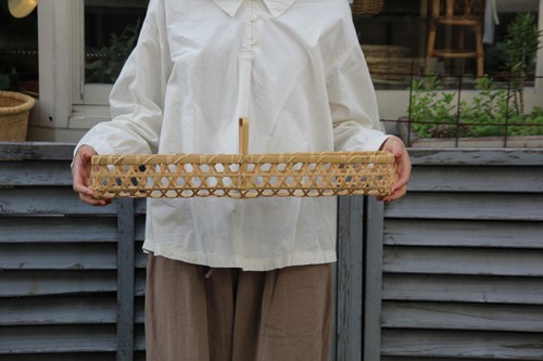 真竹の六つ目編み手付き横長かご