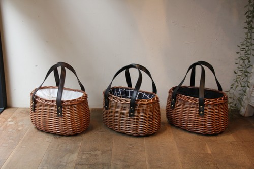 かご バスケット 雑貨 Menui 巾着カバー付き 柳 オーバルかごバッグ レザーハンドル