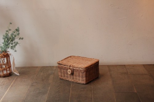 籐の収納整理かごラタンふた付きレクトボックスバスケット