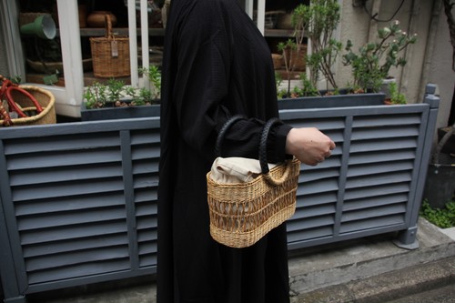 シーグラス透かし編みリングハンドルかごバッグ