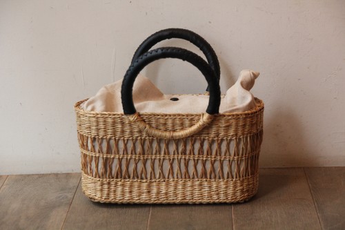 シーグラス透かし編みリングハンドルかごバッグ