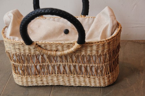 シーグラス透かし編みリングハンドルかごバッグ