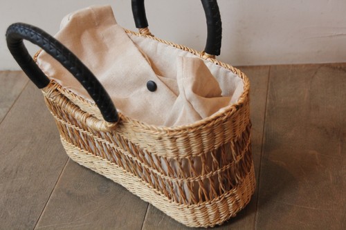 シーグラス透かし編みリングハンドルかごバッグ