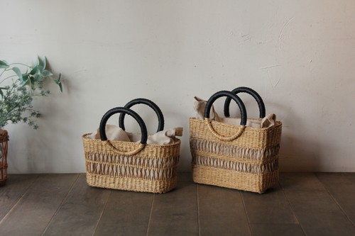 シーグラス透かし編みリングハンドルかごバッグ