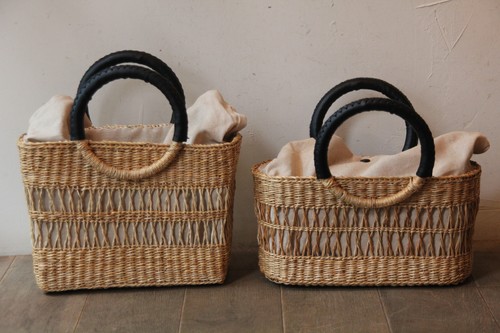 シーグラス透かし編みリングハンドルかごバッグ