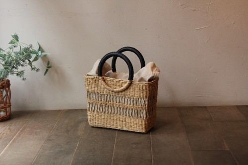 シーグラス透かし編みリングハンドルかごバッグ