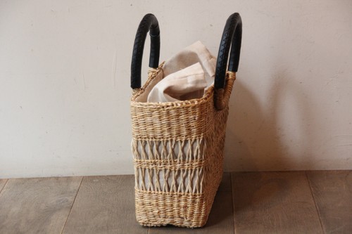 シーグラス透かし編みリングハンドルかごバッグ