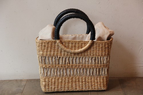 シーグラス透かし編みリングハンドルかごバッグ